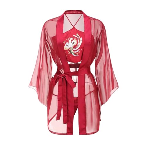 Damen Neckholder-Bauchband, Sexy Chinesisches Besticktes Bauchband, Cosplay-Dessous, 3-teiliges Set, Dessous-Set (Color : Red, Size : M) von SUABON