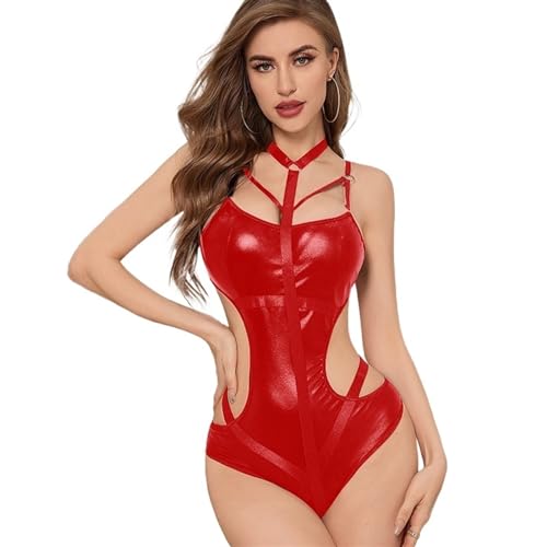 Damen Sexy Pu-Kunstleder-Catsuit, Teddy, Clubwear, Rollenspiel-Body (Color : Red, Size : L) von SUABON
