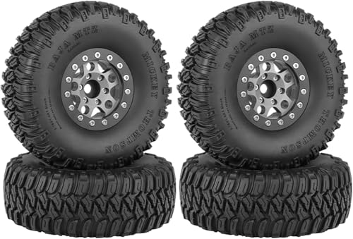 RC Auto Reifen und Räder Set,SUAVER 4Stück 1.55 Inch Aluminiumlegierung Beadlock Radfelg 95mm Gummireifen für 1/10 RC Rock Crawler Auto Upgrade Teile für Tamiya Axial AX90069 D90 TF2 CC01 (Grau) von SUAVER