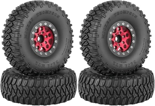RC Auto Reifen und Räder Set,SUAVER 4Stück 1.55 Inch Aluminiumlegierung Beadlock Radfelg 95mm Gummireifen für 1/10 RC Rock Crawler Auto Upgrade Teile für Tamiya Axial AX90069 D90 TF2 CC01 (Rot) von SUAVER