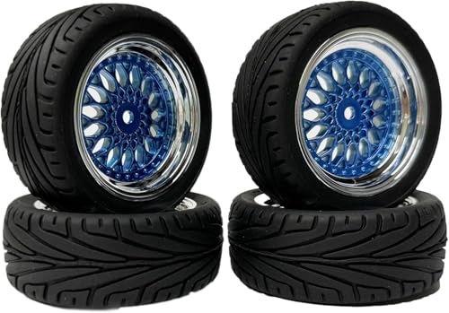 SUAVER 1:10 RC Auto Reifen und Räder Set,65mm Gummireifen und Kunststoff Räder Felgen 12mm Hex für 1/10 RC On-Road Run-Flating Touring Racing Auto (Blau Silber) von SUAVER