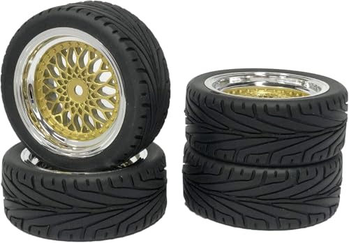 SUAVER 1:10 RC Auto Reifen und Räder Set,65mm Gummireifen und Kunststoff Räder Felgen 12mm Hex für 1/10 RC On-Road Run-Flating Touring Racing Auto (Gold Silber) von SUAVER