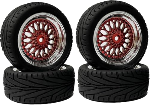 SUAVER 1:10 RC Auto Reifen und Räder Set,65mm Gummireifen und Kunststoff Räder Felgen 12mm Hex für 1/10 RC On-Road Run-Flating Touring Racing Auto (Rot Silber) von SUAVER