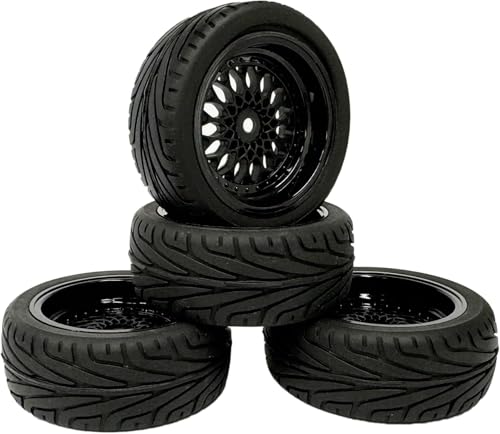 SUAVER 1:10 RC Auto Reifen und Räder Set,65mm Gummireifen und Kunststoff Räder Felgen 12mm Hex für 1/10 RC On-Road Run-Flating Touring Racing Auto (Schwarz) von SUAVER