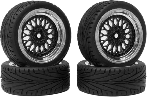 SUAVER 1:10 RC Auto Reifen und Räder Set,65mm Gummireifen und Kunststoff Räder Felgen 12mm Hex für 1/10 RC On-Road Run-Flating Touring Racing Auto (Schwarz Silber) von SUAVER