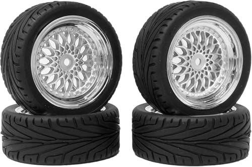 SUAVER 1:10 RC Auto Reifen und Räder Set,65mm Gummireifen und Kunststoff Räder Felgen 12mm Hex für 1/10 RC On-Road Run-Flating Touring Racing Auto (Silber) von SUAVER