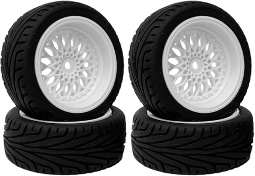 SUAVER 1:10 RC Auto Reifen und Räder Set,65mm Gummireifen und Kunststoff Räder Felgen 12mm Hex für 1/10 RC On-Road Run-Flating Touring Racing Auto (Weiß) von SUAVER