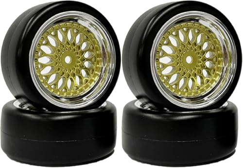 SUAVER 4Stück 1/10 RC Auto Reifen und Räder Set, 63mm RC Felge Hart Drift Kunststoffbeschichtung Rad Reifen Felgen für 1:10 RC On Road Run-Flating Racing Car für HSP HPI (Gold Silber, Offset:3mm) von SUAVER