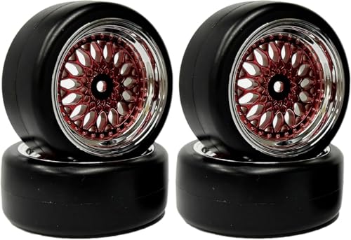 SUAVER 4Stück 1/10 RC Auto Reifen und Räder Set, 63mm RC Felge Hart Drift Kunststoffbeschichtung Rad Reifen Felgen für 1:10 RC On Road Run-Flating Racing Car für HSP HPI (Rot Silber, Offset:9mm) von SUAVER