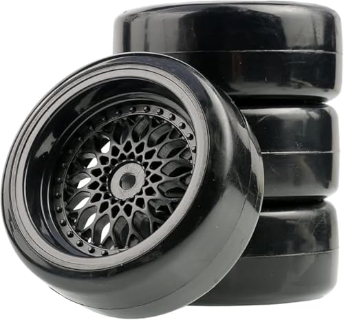SUAVER 4Stück 1/10 RC Auto Reifen und Räder Set, 63mm RC Felge Hart Drift Kunststoffbeschichtung Rad Reifen Felgen für 1:10 RC On Road Run-Flating Racing Car für HSP HPI (Schwarz, Offset:6mm) von SUAVER