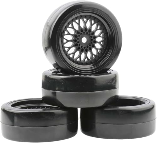 SUAVER 4Stück 1/10 RC Auto Reifen und Räder Set, 63mm RC Felge Hart Drift Kunststoffbeschichtung Rad Reifen Felgen für 1:10 RC On Road Run-Flating Racing Car für HSP HPI (Schwarz, Offset:9mm) von SUAVER