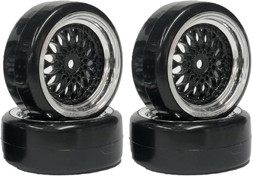 SUAVER 4Stück 1/10 RC Auto Reifen und Räder Set, 63mm RC Felge Hart Drift Kunststoffbeschichtung Rad Reifen Felgen für 1:10 RC On Road Run-Flating Racing Car für HSP HPI (Schwarz Silber, Offset:6mm) von SUAVER