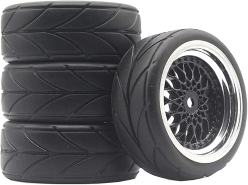 SUAVER RC 1/10 On Road Reifen Gummi & Radfelgen,64mm Gummireifen & Kunststoff Räder Felgen Teil für 1/10 RC On-Road Touring Car Rennwagen 4 Stück (Black/Silver,Offset 3mm) von SUAVER