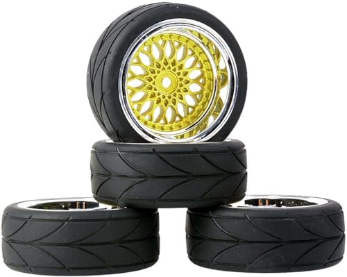 SUAVER RC 1/10 On Road Reifen Gummi & Radfelgen,64mm Gummireifen & Kunststoff Räder Felgen Teil für 1/10 RC On-Road Touring Car Rennwagen 4 Stück (Gold,Offset 9mm) von SUAVER