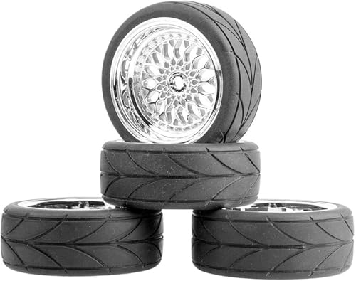 SUAVER RC 1/10 On Road Reifen Gummi & Radfelgen,64mm Gummireifen & Kunststoff Räder Felgen Teil für 1/10 RC On-Road Touring Car Rennwagen 4 Stück (Silver,Offset 3mm) von SUAVER