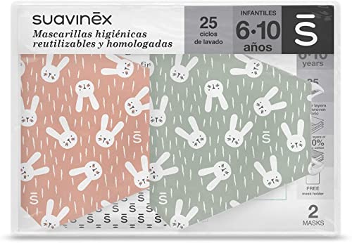 Suavinex Wiederverwendbare Hygiene-Masken für Kinder, zertifiziert und genehmigt, 6-10 Jahre, 3 Schichten, 25 Waschzyklen, hergestellt in Spanien, 2 Stück, Grün und Rosa, 29 g von SUAVINEX