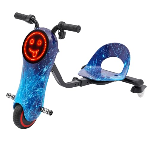 Kinder Elektro Driftscooter 180W 360 Grad Drift Scooter Elektro für Kinder 3 Geschwindigkeiten 12km/h Drift Trike 50kg Tragfähigkeit Drift Cart (Starry Sky Blue) von SUBKUDY