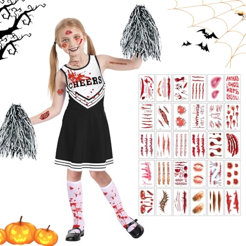 Cheerleader Kostüm Mädchen Set, 4-Teiliges Halloween/Fasching Outfit Kinder mit Uniform Kleid, Pompons, Socken und Tattoos, Gruselig oder Niedlich für Karneval & Sportevents (10-12 Jahre(140cm)) von SUBRINGE