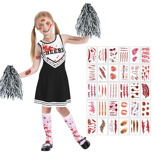 Cheerleader Kostüm Mädchen Set, 4-Teiliges Halloween/Fasching Outfit Kinder mit Uniform Kleid, Pompons, Socken und Tattoos, Gruselig oder Niedlich für Karneval & Sportevents (4-6 Jahre(120cm)) von SUBRINGE
