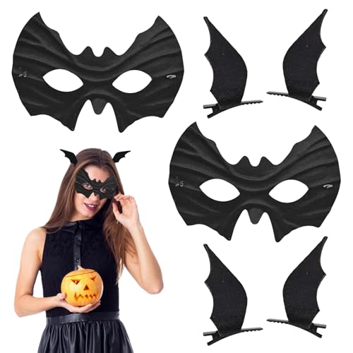SUBRINGE Fledermaus Maske, Fledermaus Haarspangen, 2 Stück Halloween Fledermaus Maske und Haarspangen Set, Schwarze Maskerade Augenmasken, für Kostümzubehör Cosplay Halloween Karneval Party von SUBRINGE