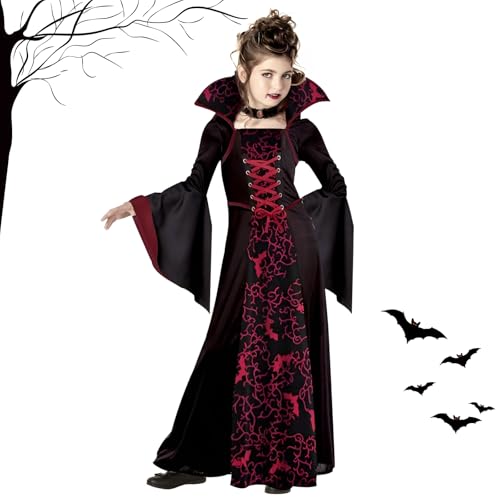 SUBRINGE Halloween Vampir Kostüm Mädchen, Gothic Vampirin Königin Kostüm Kinder, Vampir Kleid Halloween, Vampirkostüm Kinder für Fasching Karneval Cosplay Party (150cm) von SUBRINGE