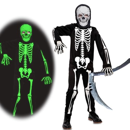 SUBRINGE Skelett Kostüm Kinder mit Sense Accessoire Set, Dark Skelett-Halloween-Kostüme, Grim Reaper Kostüme, Halloween Kostüm Jungen Mädchen (M) von SUBRINGE