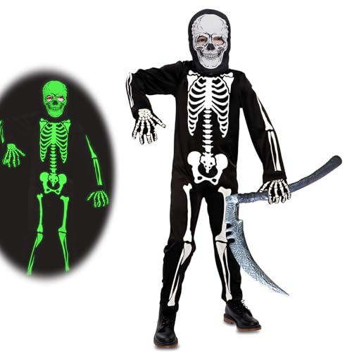 SUBRINGE Skelett Kostüm Kinder mit Sense Accessoire Set, Dark Skelett-Halloween-Kostüme, Grim Reaper Kostüme, Halloween Kostüm Jungen Mädchen (S) von SUBRINGE