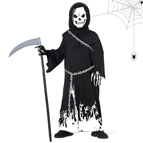 Sensenmann Kostüm Kinder mit Sense & Umhang, Gruselig Glow in The Dark Halloween Kostüm Set für Jungen Mädchen, Grim Reaper Costume mit Kapuze Handschuhen für Karneval Fasching Rollenspiel (130cm) von SUBRINGE