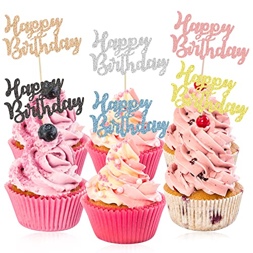 SUBTAVIK 24 Stück Happy Birthday Cupcake-Topper, 6 Farben, Kuchendekoration für Geburtstage von SUBTAVIK
