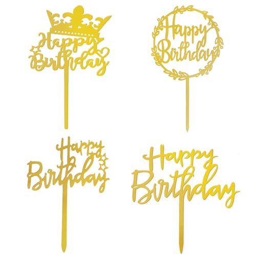 4 Stück Happy Birthday Tortenaufsätze, Acryl-Geburtstagstortenaufsätze, goldene Happy Birthday-Aufsätze, Tortendekorationen für Geburtstagspartys (4 Stile) von SUBTAVIK