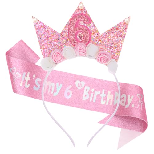 SUBTAVIK Dekoration zum 6. Geburtstag, Kopfband für Geburtstagsmädchen, Blumenprinzenkrone, glitzerndes pinkes Haarband, Geburtstagsgurt für Mädchen, Partydekoration, Geschenk SUBTAVIK Dekoration zum 6. Geburtstag, Kopfband für Geburtstagsmädchen, Blumenprinzenkrone, glitzerndes pinkes Haarband, Geburtstagsgurt für Mädchen, Partydekoration, Geschenk von SUBTAVIK