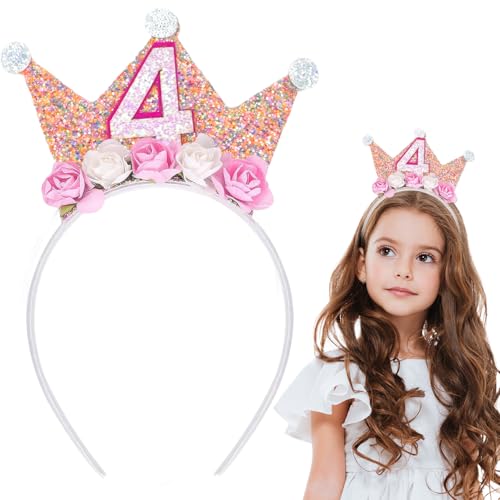 SUBTAVIK Geburtstagsstirnband, 4-jährige Geburtstagskrone, Baby-Geburtstagskrone, Stirnband, Mädchengeburtstagskrone mit Rosenblüten für Baby-Geburtstagsparty-Dekorationsgeschenk SUBTAVIK Geburtstagsstirnband, 4-jährige Geburtstagskrone, Baby-Geburtstagskrone, Stirnband, Mädchengeburtstagskrone mit Rosenblüten für Baby-Geburtstagsparty-Dekorationsgeschenk von SUBTAVIK