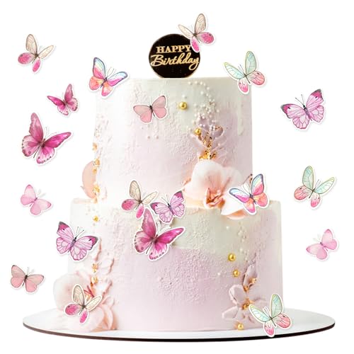 SUBTAVIK Schmetterlings-Tortendeko, 30 Stück Schmetterlings-Tortenaufsätze, Verschiedene Größen, Schmetterlings-Cupcake-Picker, für Hochzeitsfeiern, Tortenwände, Party-Dekorationen (rosa) von SUBTAVIK