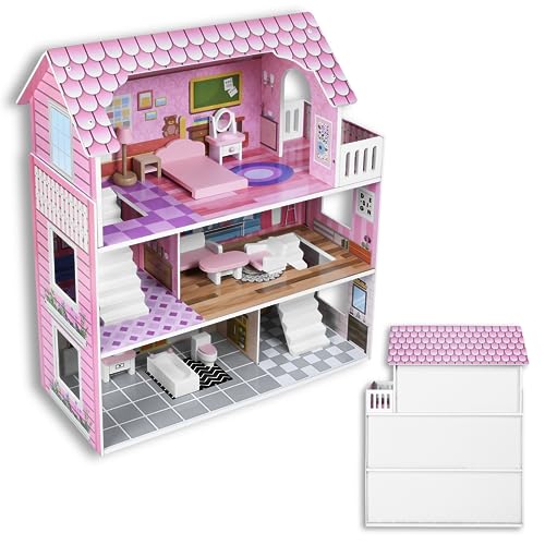 SUBTLETY Puppenhäuser aus MDF Puppenhaus Holz mit 10 Möbeln und Zubehör Dreistöckiges Dollhouse Traumvilla 60x27x70cm Traumhaus Spielzeug mit Schlafzimmer Balkon Treppe für Kinder ab 3 Jahren (Typ A) von SUBTLETY