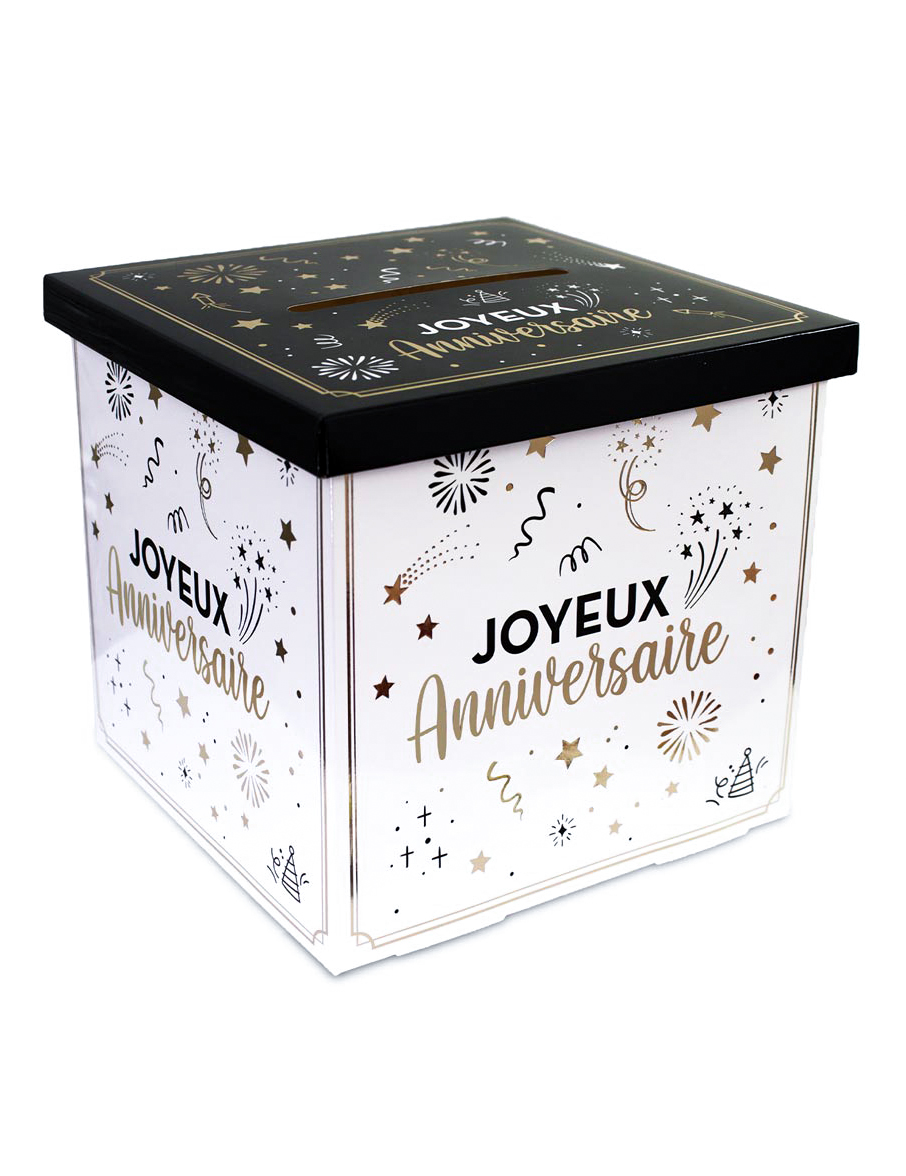 Box mit Schlitz Partydeko Happy Birthday 20 x 20 x 20 cm schwarz-gold-weiß von SUD TRADING