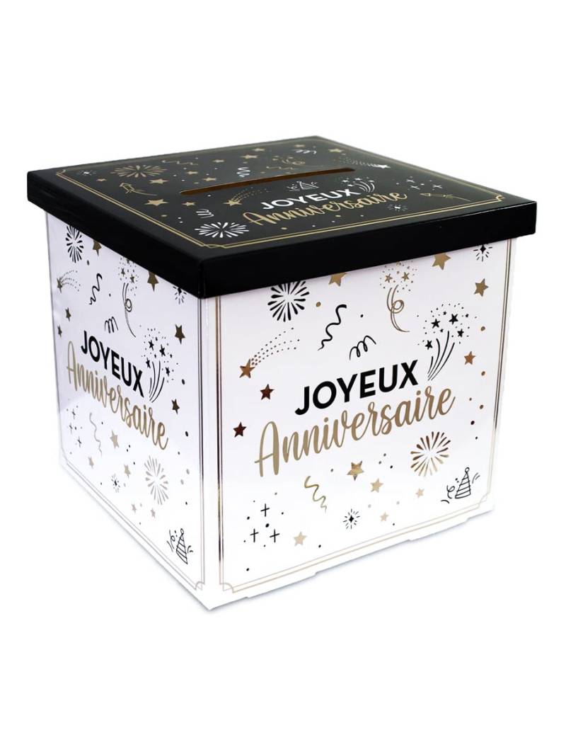 Box mit Schlitz Partydeko Happy Birthday 20 x 20 x 20 cm schwarz-gold-weiß von SUD TRADING