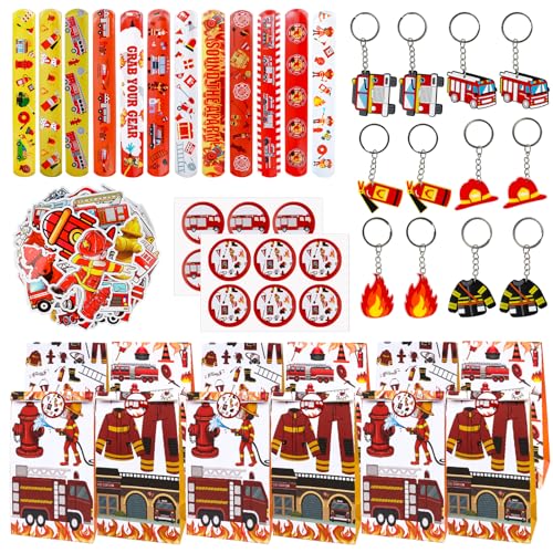 SUEHBEXF 86 pcs Feuerwehrmann Party Mitgebsel, Feuerwehr Spielzeug, Schnapparmband Schlüsselanhänger Papiertüten Aufkleber, Feuerwehrmann Sam Geburtstag Deko, Mitgebsel Kindergeburtstag für Jungen von SUEHBEXF