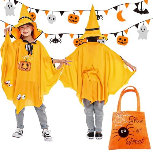 SUEHBEXF Kinder Halloween Kostüm, 3 Teiliges Fledermaus Umhang Kostüm mit Hut und Kürbis Candy Bag, für Halloween Cosplay Party, Themenparty, Kinder Karneval - Orange von SUEHBEXF