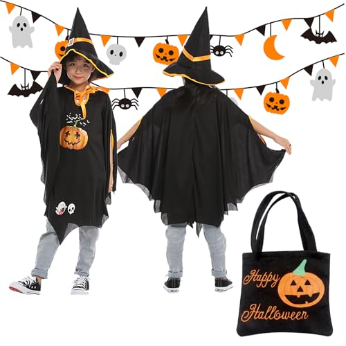 SUEHBEXF Kinder Halloween Kostüm, 3 Teiliges Fledermaus Umhang Kostüm mit Hut und Kürbis Candy Bag, für Halloween Cosplay Party, Themenparty, Kinder Karneval- Schwarzes von SUEHBEXF