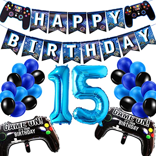 Geburtstagsdeko Jungen 15 Jahre, Gamer Deko Geburtstag, Happy Birthday Girlande Banner Deko Junge, Gamecontroller Luftballons Schwarz Blaue Ballons Set für Kinder Videospiel Thema Party Zubehör Geburtstagsdeko Jungen 15 Jahre, Gamer Deko Geburtstag, Happy Birthday Girlande Banner Deko Junge, Gamecontroller Luftballons Schwarz Blaue Ballons Set für Kinder Videospiel Thema Party Zubehör von SUHANIOP