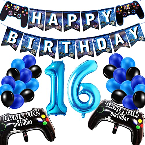 Geburtstagsdeko Jungen 16 Jahre, Gamer Deko Geburtstag, Happy Birthday Girlande Banner Deko Junge, Gamecontroller Luftballons Schwarz Blaue Ballons Set für Kinder Videospiel Thema Party Zubehör… von SUHANIOP