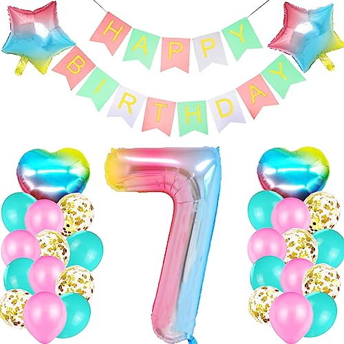 Geburtstagsdeko Mädchen 7 Jahr, Luftballon Rosa, Ballon 7. Geburtstag, Riesen Folienballon Zahl 7, Happy Birthday Girlande für Deko Party von SUHANIOP