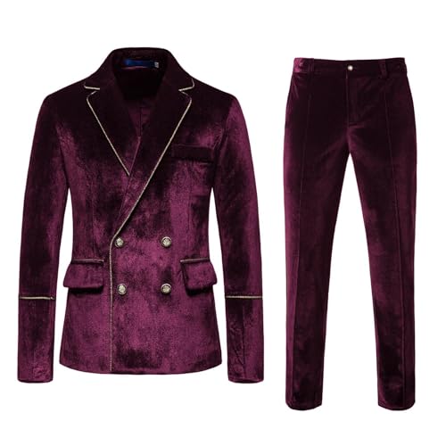 2-teiliges Luxus-Samtanzug-Set für Herren, entspannte Passform, Winter, langärmelig, Doppelreiher, Smoking, Jacken und Anzughosen für Hochzeit (Wein, XXL) von SUIBOZ