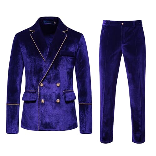 2-teiliges Luxus-Samtanzug-Set für Herren, entspannte Passform, Winter, langärmelig, Doppelreiher, Smokingjacken und Anzughosen für Hochzeit (Blau, XXL) von SUIBOZ