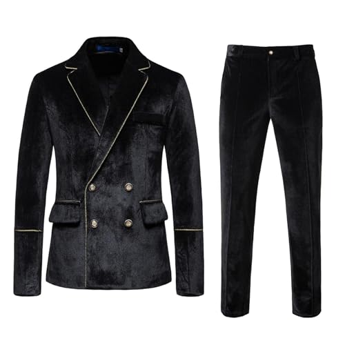2-teiliges Luxus-Samtanzug-Set für Herren, entspannte Passform, Winter, langärmelig, Doppelreiher, Smokingjacken und Anzughosen für Hochzeit (Schwarz, M) von SUIBOZ