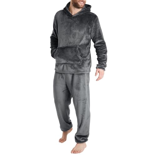 Bequemes Herren-Pyjama-Set aus Sherpa-Fleece, langärmelig, Thermo-Pullover, Hoodies und Loungehose, flauschige Nachtwäsche (Dunkelgrau, XL) von SUIBOZ