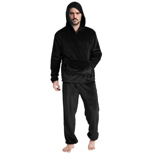 Bequemes Herren-Pyjama-Set aus Sherpa-Fleece, langärmelig, Thermo-Pullover, Hoodies und Loungehose, flauschige Nachtwäsche (Schwarz, XXL) von SUIBOZ