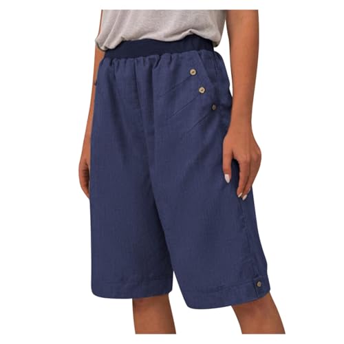 Bermuda-Shorts für Damen, hohe Taille, lässig, weites Bein, Sommer, Leinen, Strand, mit Tasche, knielang, Arbeitshose, elegante Shorts (Blau, M) von SUIBOZ