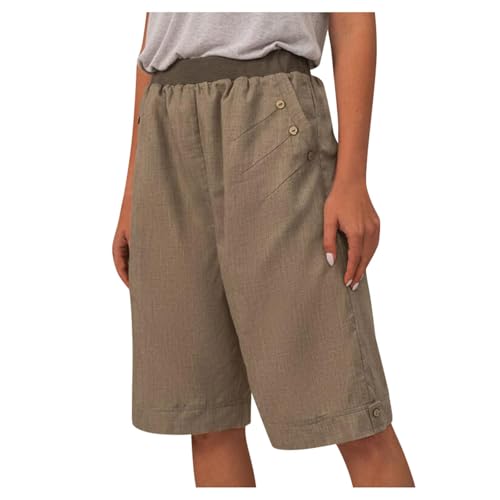 Bermuda-Shorts für Damen, hohe Taille, lässig, weites Bein, Sommer, Leinen, Strand, mit Tasche, knielang, Arbeitshose, elegante Shorts (Braun, M) von SUIBOZ