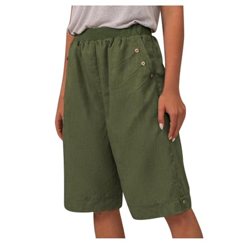 Bermuda-Shorts für Damen, hohe Taille, lässig, weites Bein, Sommer, Leinen, Strand, mit Tasche, knielang, Arbeitshose, elegante Shorts (Grün, XL) von SUIBOZ